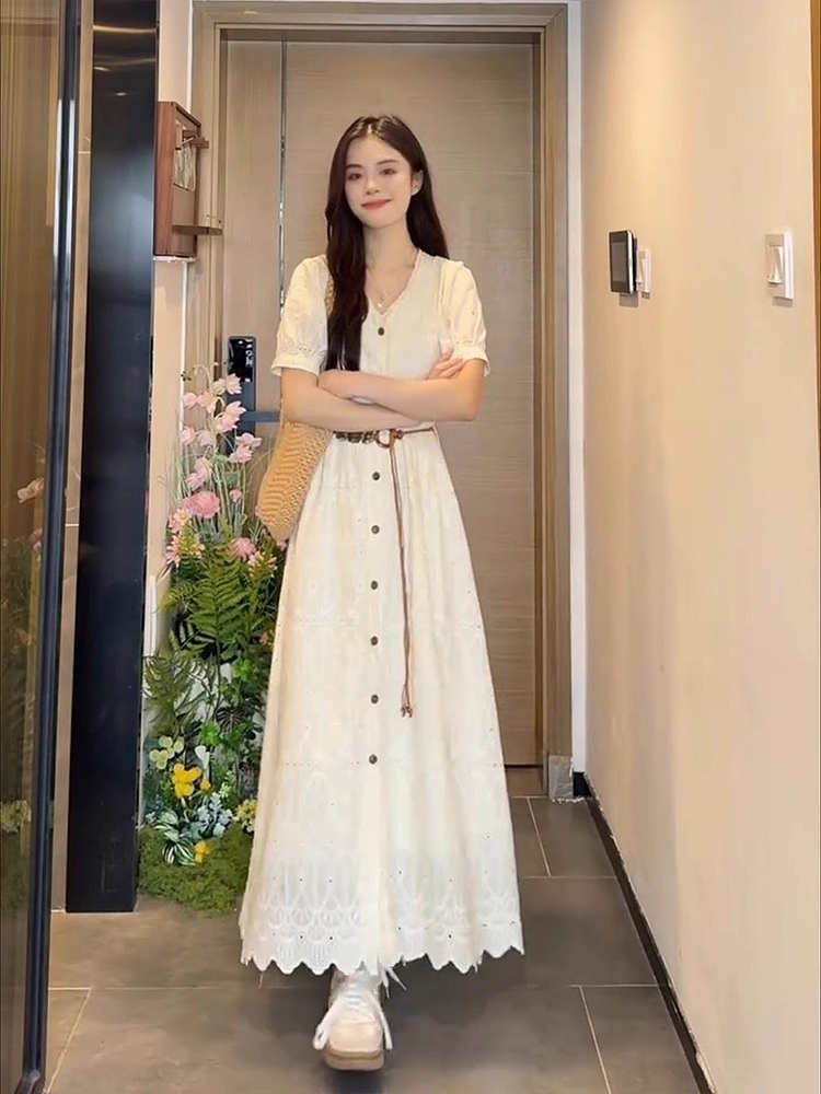 ロングワンピース レース 透かしレース前開きロングワンピース