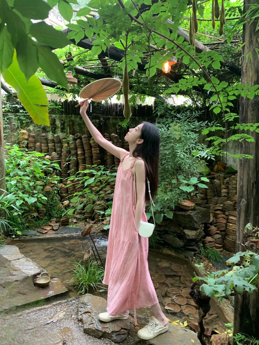 ロングワンピース キャミ 肩紐リボン付き綿麻風ロングキャミソールワンピース