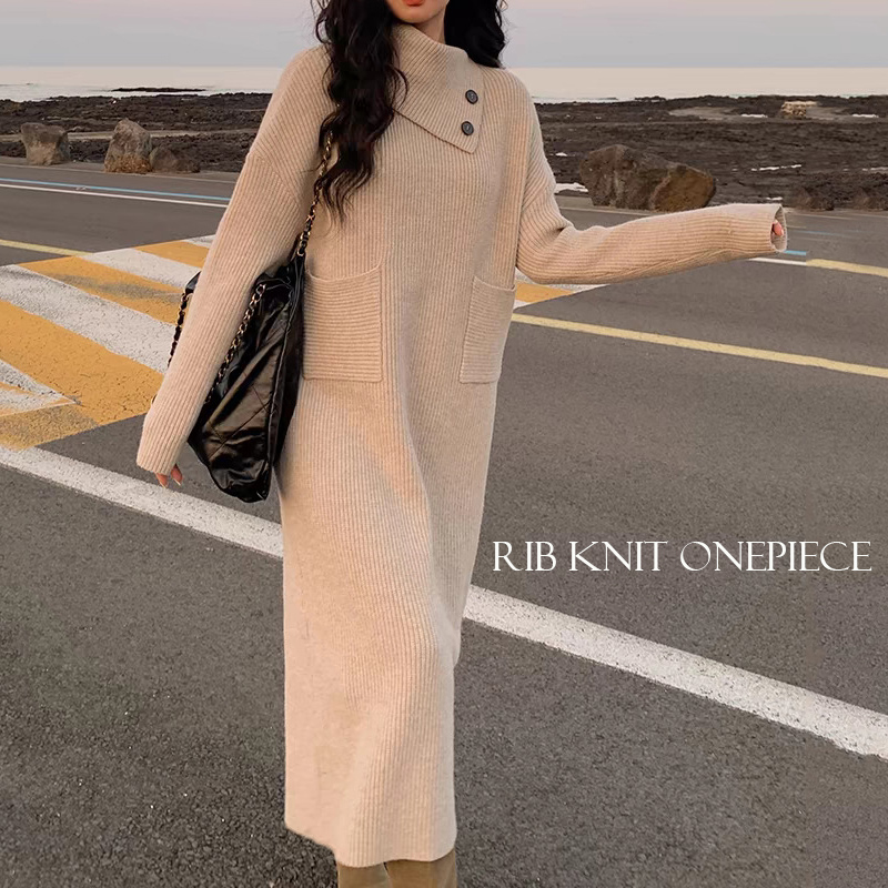 ロングワンピース 2024新作秋冬マキシ丈リブニットワンピース長袖きれいめベージュ