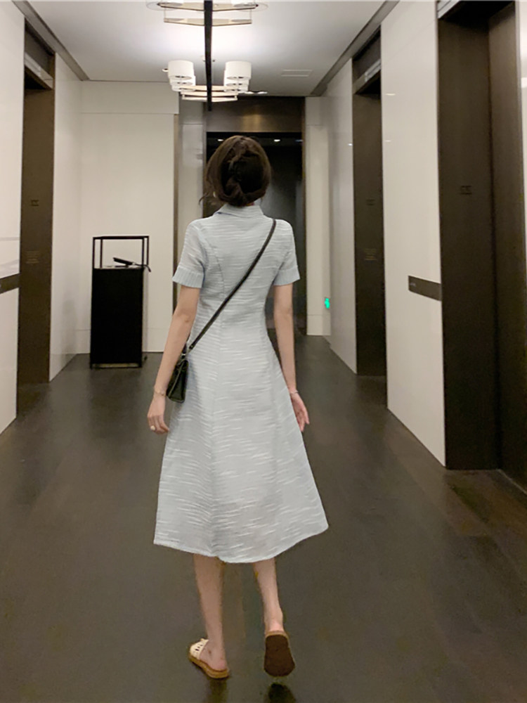 ロングワンピース ポロシャツ 丸襟半袖ボタン留めロングワンピース