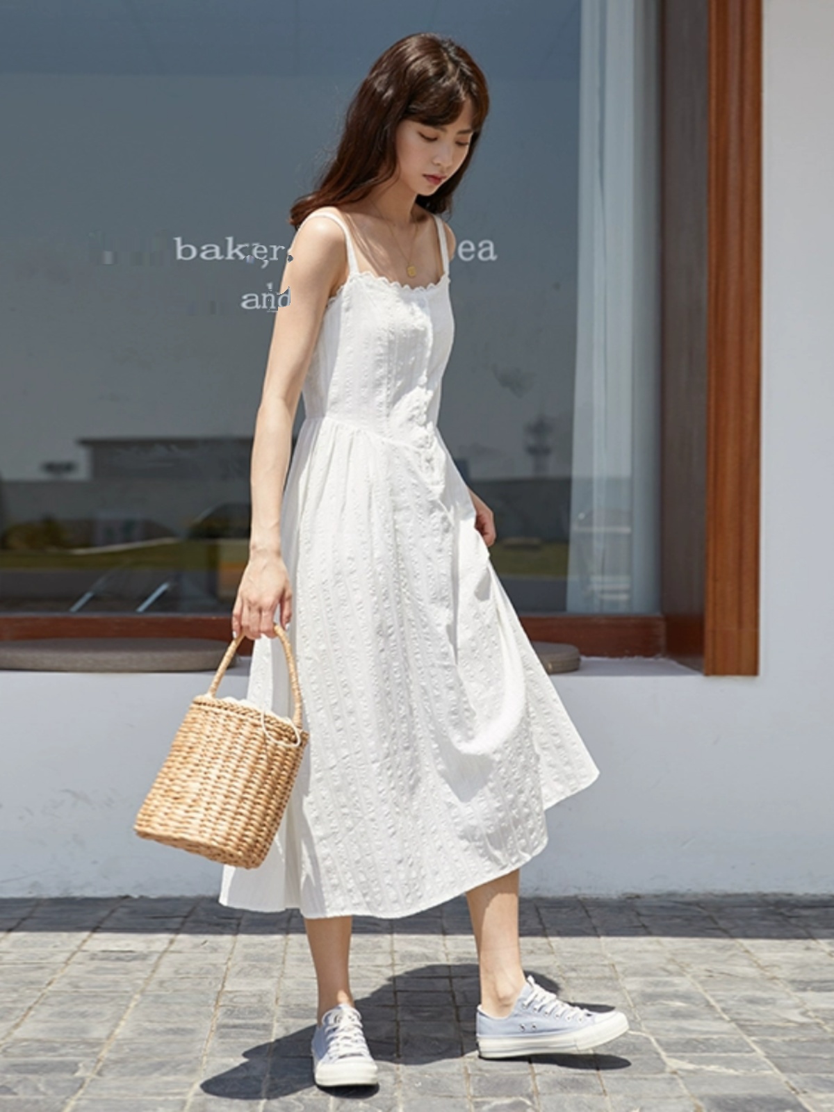 ロングワンピース キャミ 花柄刺繍レース細肩紐ロングキャミワンピース