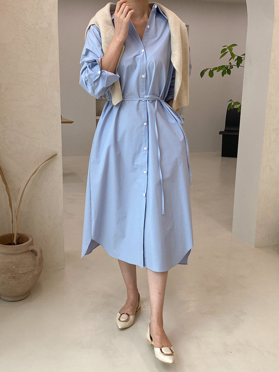 ロングワンピース シャツ 袖リボンデザインウエストマークシャツワンピース