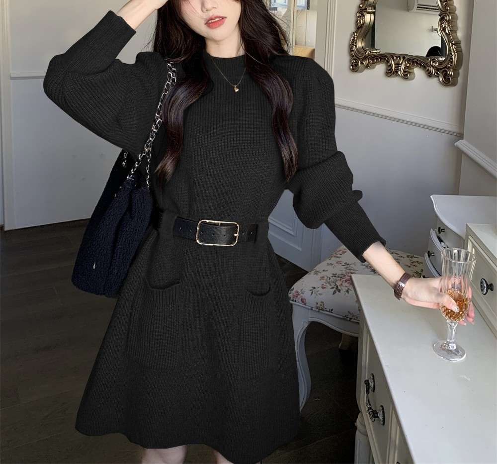 ロングワンピース ゆるふわベルト付きニットワンピース