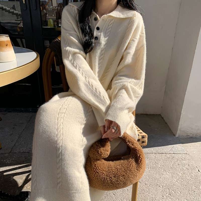 ロングワンピース ケーブル編みリボンポロワンピース
