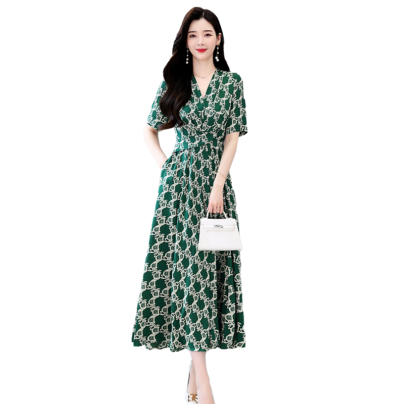 ロングワンピース シャツ チェーン柄プリント五分袖シャツワンピース