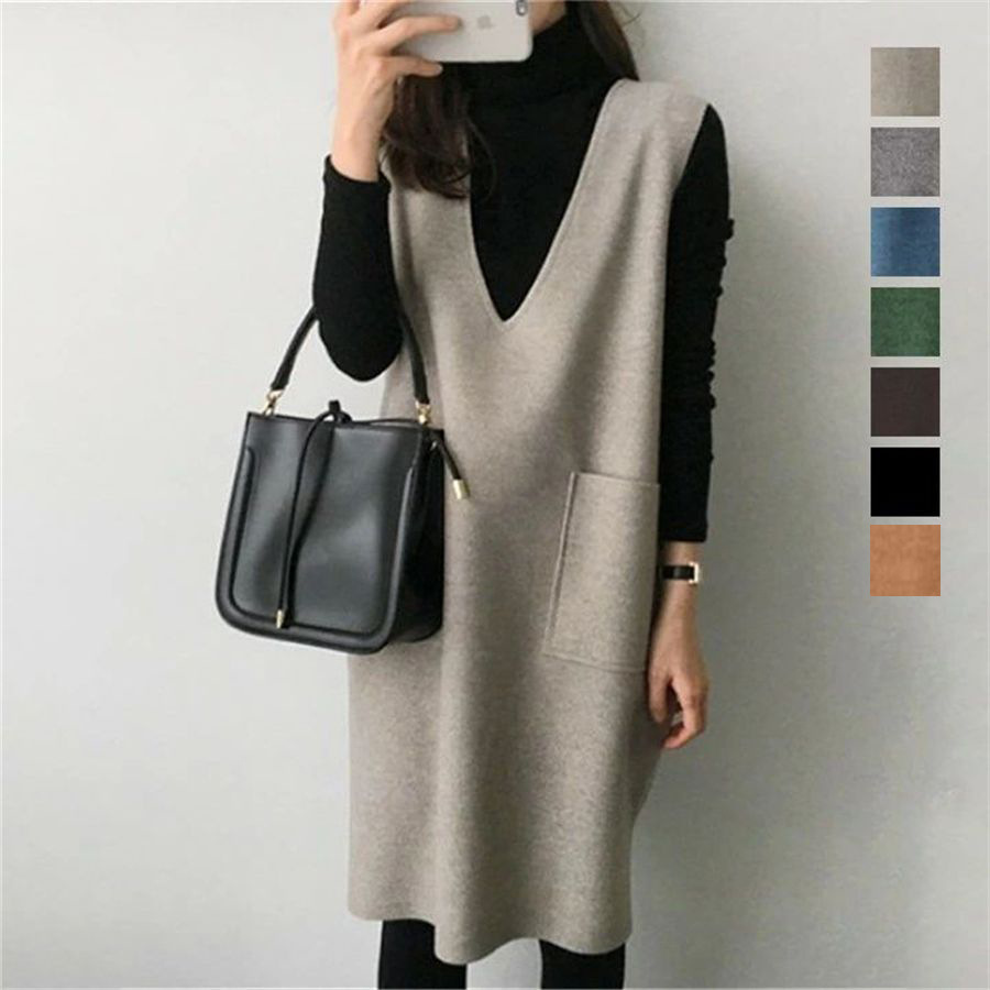 ノースリーブロングワンピース ゆったりブイネック重ね着対応レディース