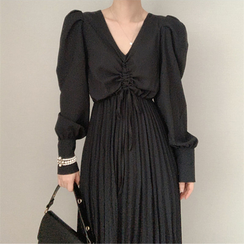 秋冬新作プリーツロングワンピース上品気質カジュアル