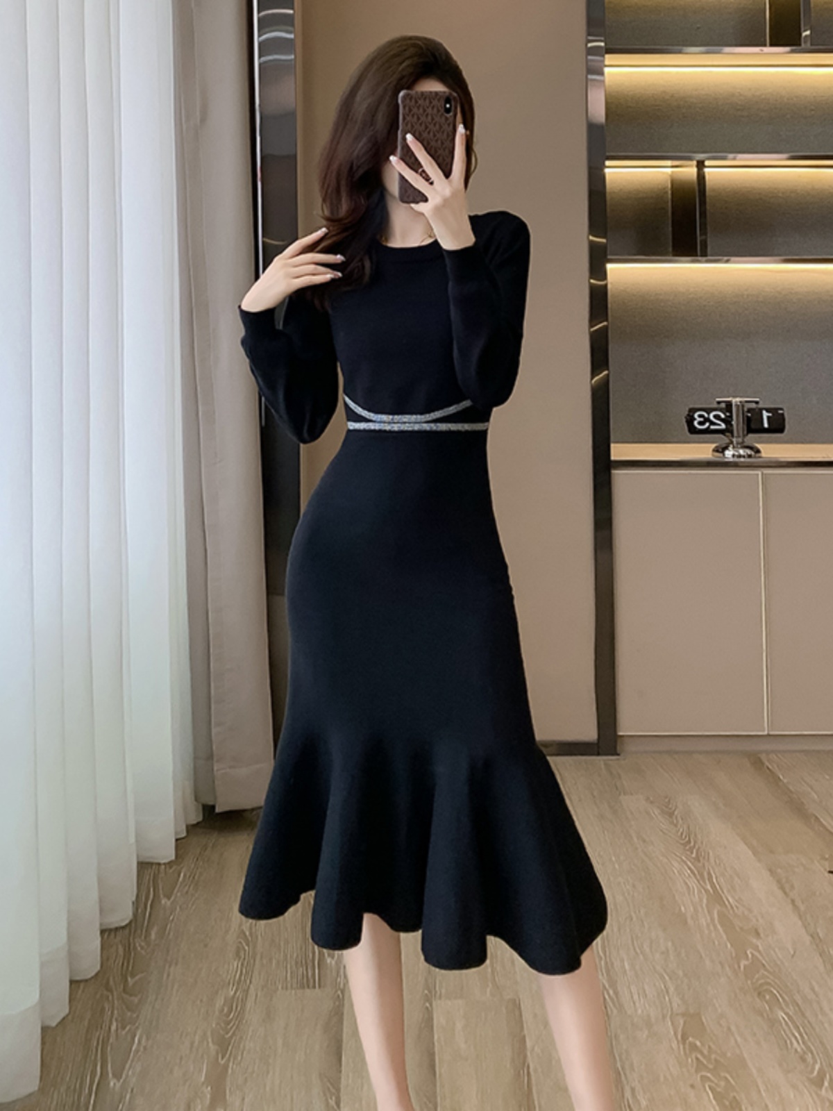 ロングワンピース ニット 裾フレア切替ニットワンピース