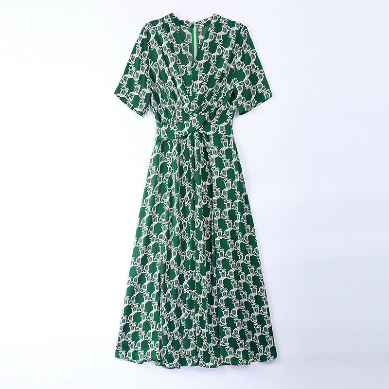 ロングワンピース シャツ チェーン柄プリント五分袖シャツワンピース