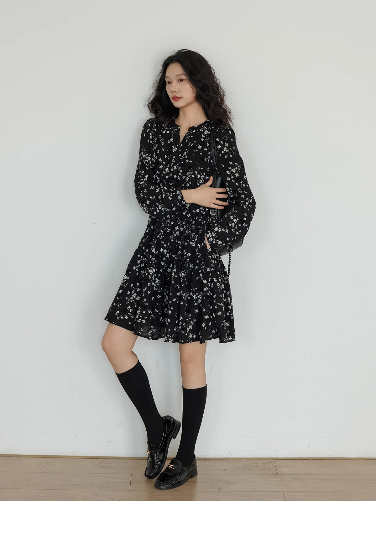 ロングワンピース シャツ 小花柄フロントボタン長袖ワンピース