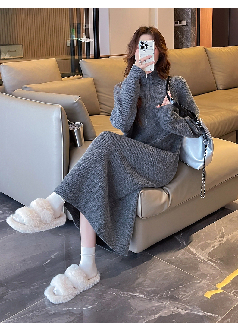 ロングワンピース ニット ゆったりハイネックワンピース
