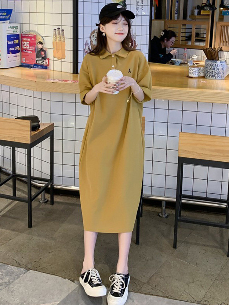 ロングワンピース ポロシャツ 襟付き五分袖ロング丈ポロワンピース