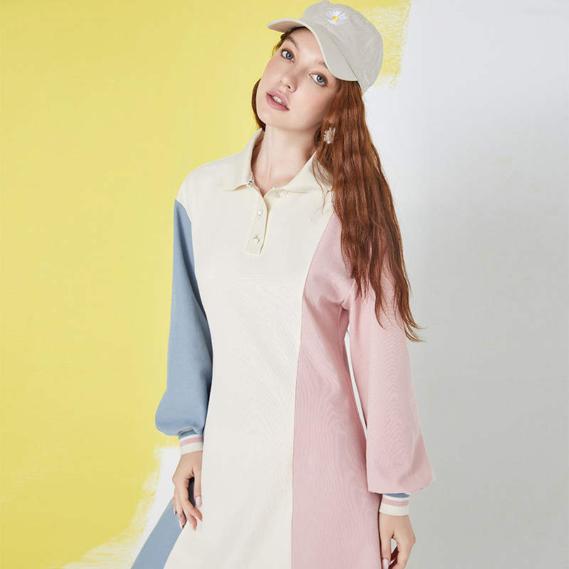 ロングワンピース ポロシャツ 配色切替デザインポロ襟ロングワンピース