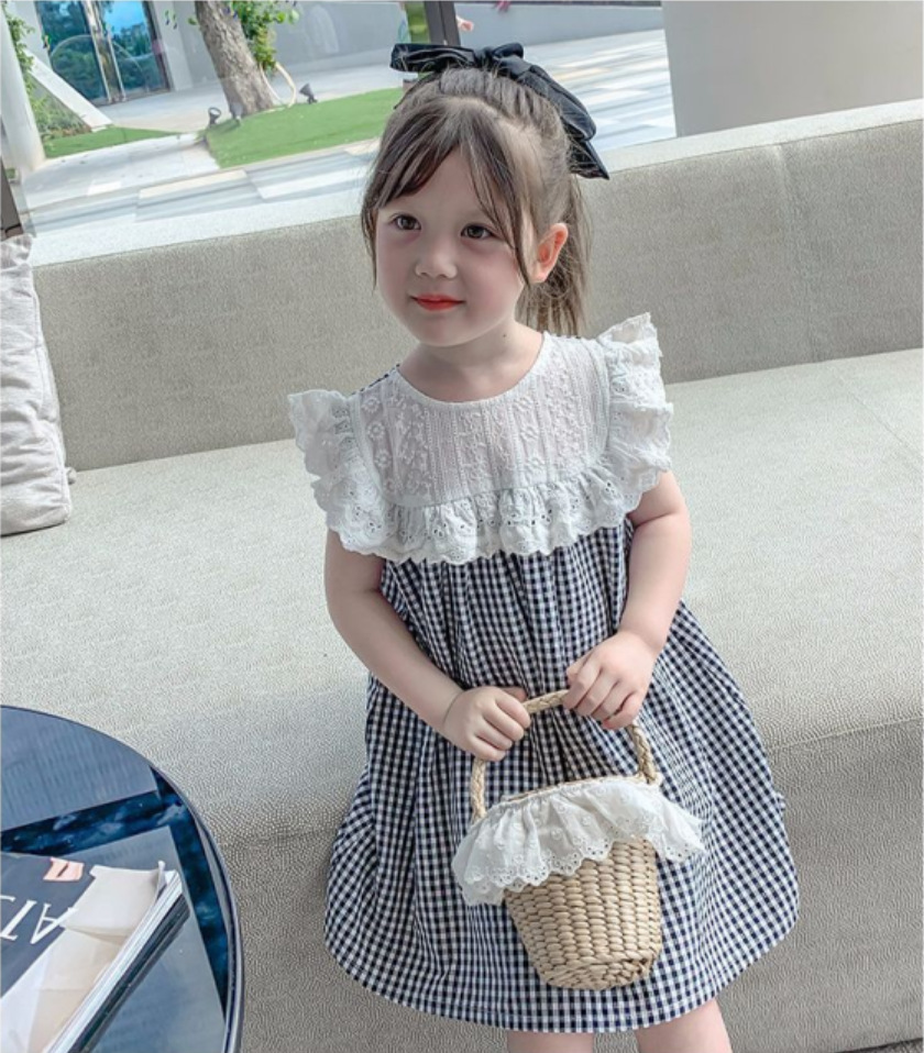 ロングワンピース 韓国風キッズワンピース女の子ギンガムチェック白レースフリル可愛い