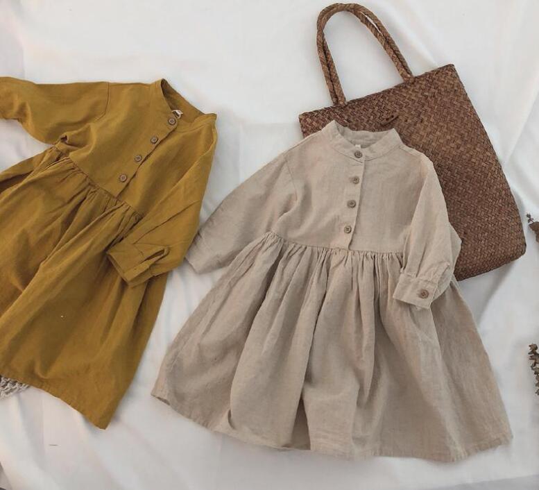 キッズ長袖ロングワンピース 前開きボタン 2色展開 110-160