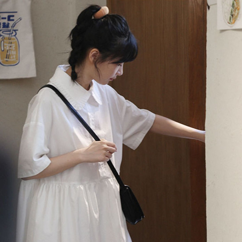 ロングワンピース シャツ 丸襟フリル裾半袖ロングワンピースシャツ