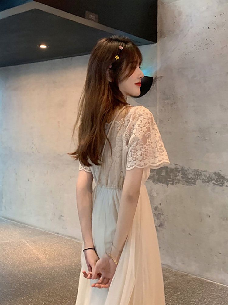 ロングワンピース レース オフショルダーチュール切替レースロングワンピース