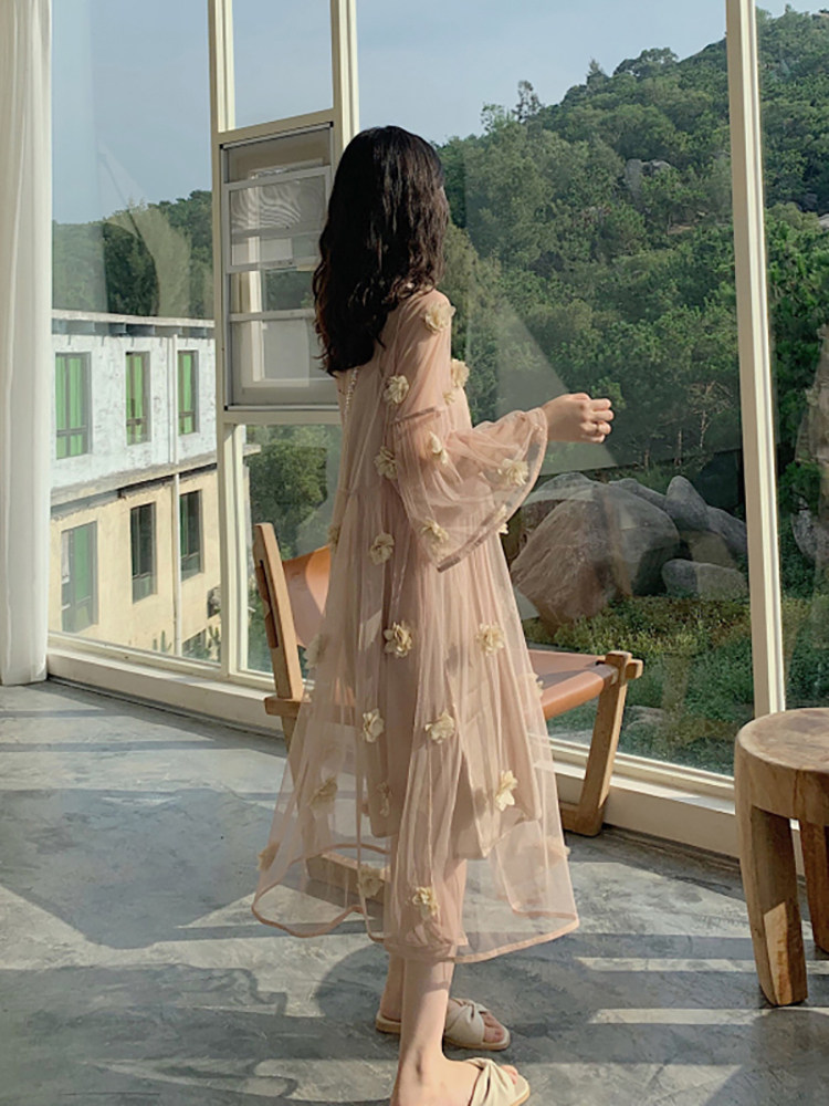 ロングワンピース レース 立体花モチーフ付きシアーチュールロングワンピース