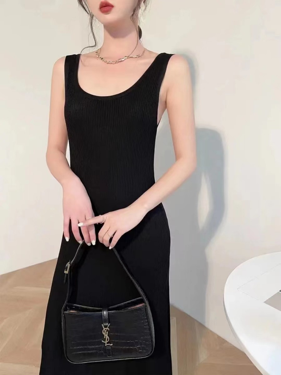 ロングワンピース ニット シンプル上品リブ編みノースリーブワンピース