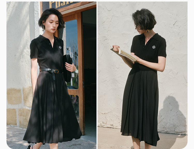 ロングワンピース ニット 襟付きプリーツ切替ロングワンピース