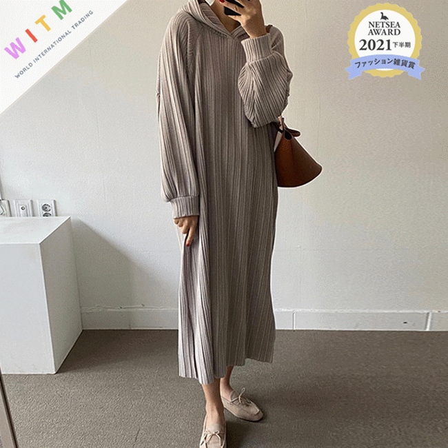 ロングワンピース プリーツロング丈ワンピース フード付き体型カバー秋冬レディース