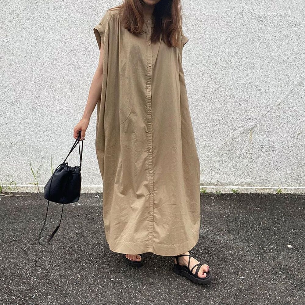 ロングワンピース シャツ ゆったりシルエット半袖シャツワンピース