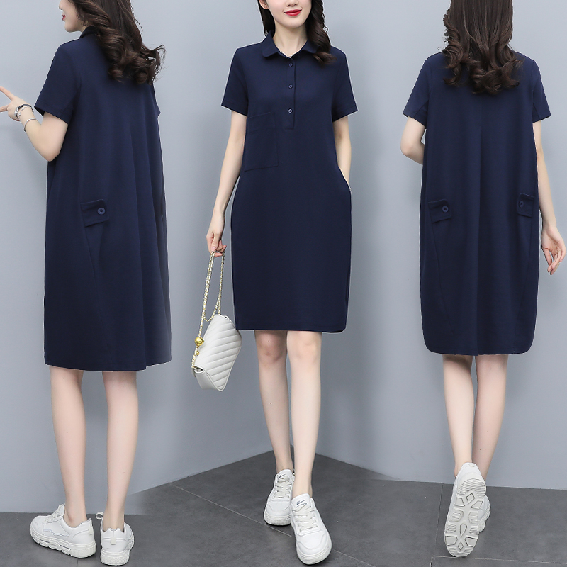 ロングワンピース シャツ 襟付き半袖ゆったりシルエットワンピース