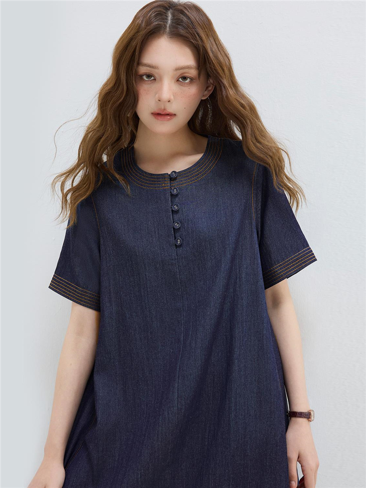 ロングワンピース デニム ナチュラルヘンリーネックデニムワンピース