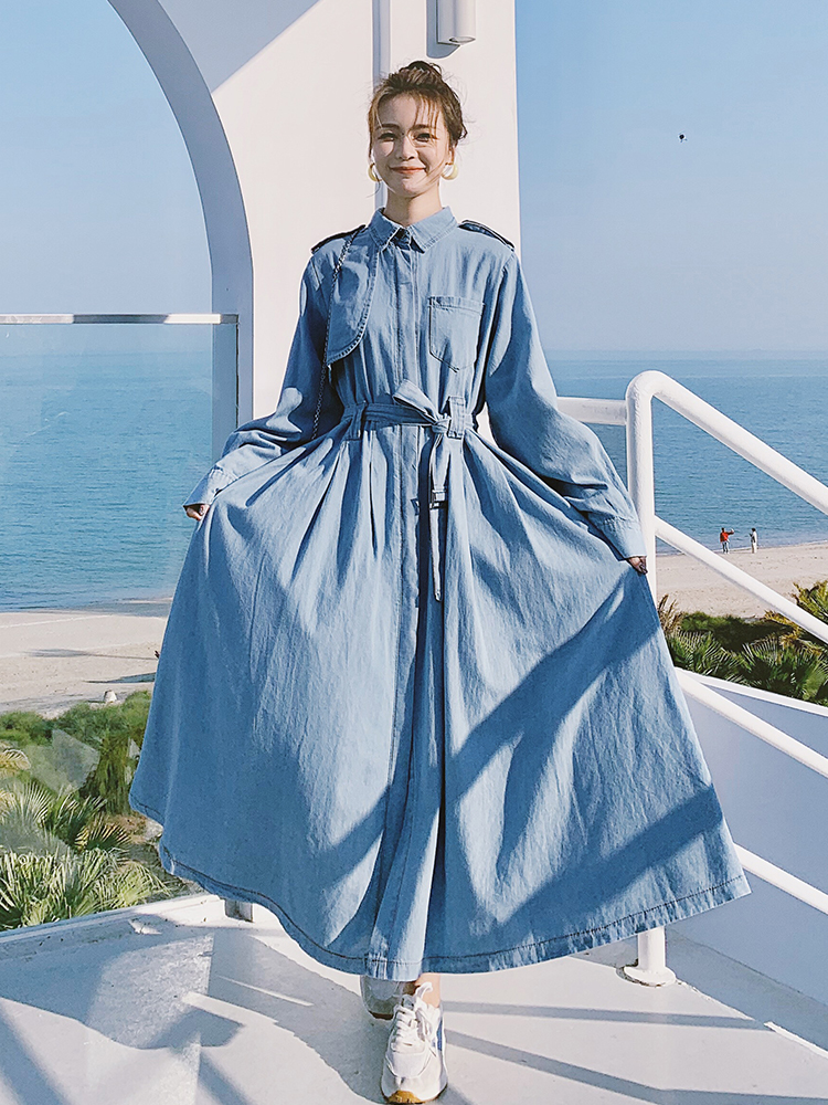 ロングワンピース シャツ ベルト付きデニム風ロングシャツワンピース