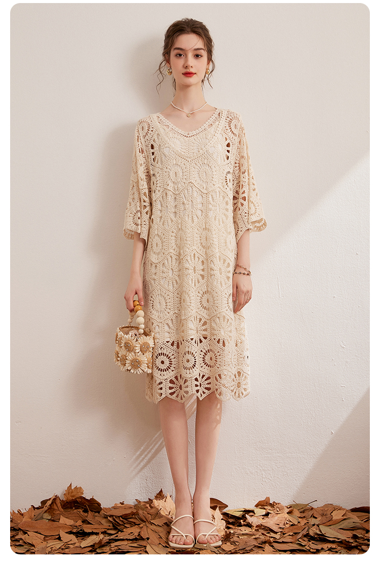 ロングワンピース レース 花咲く幻想レース透かしワンピース