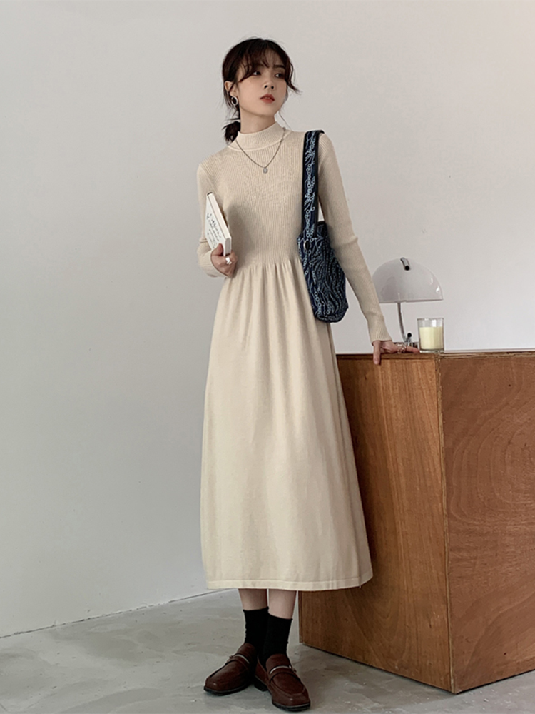 ロングワンピース タートルネック リブニット切替タートルネックロングワンピース