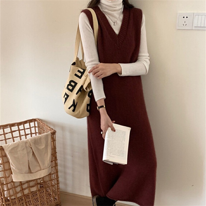 ロングワンピース シンプル上品ニットベストワンピース