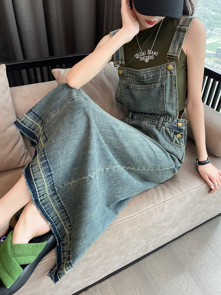 ワンピース デニム ゆったりデニムサロペットワンピース