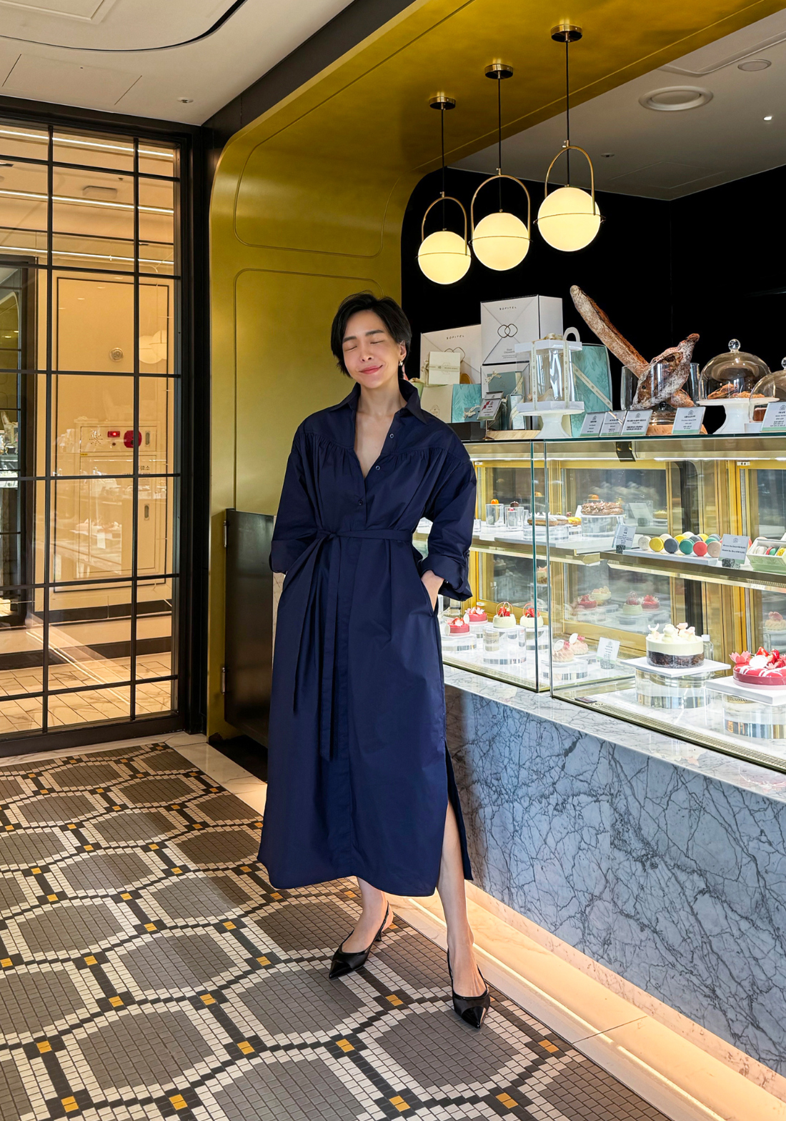 ロングワンピース ベルト付き長袖シャツ型ロングワンピース