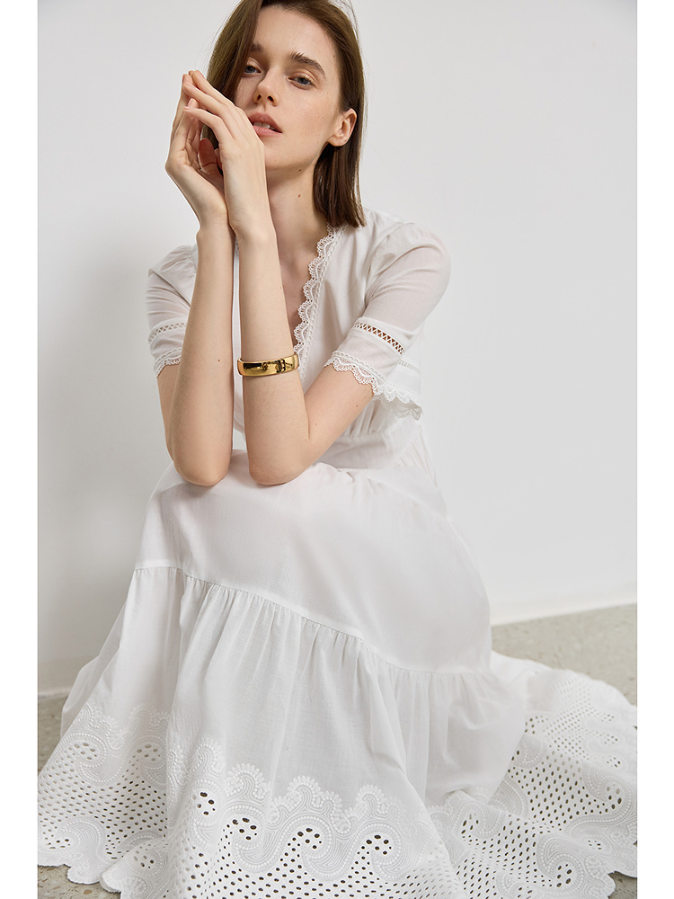 ロングワンピース レース 優美レース裾彫り ティアードワンピース