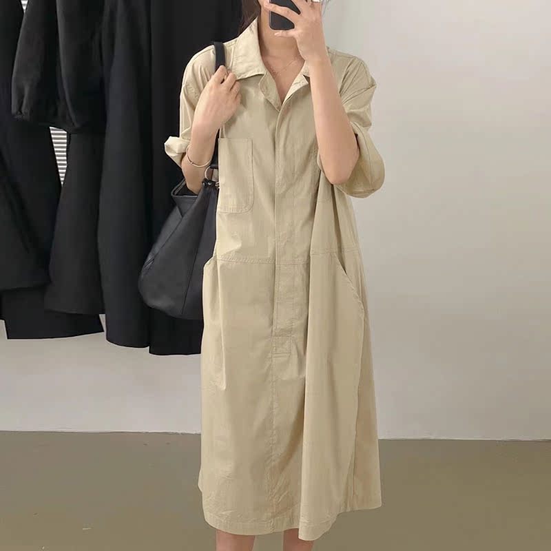 ロングワンピース シャツ 襟付きロールアップ袖ロングシャツワンピース