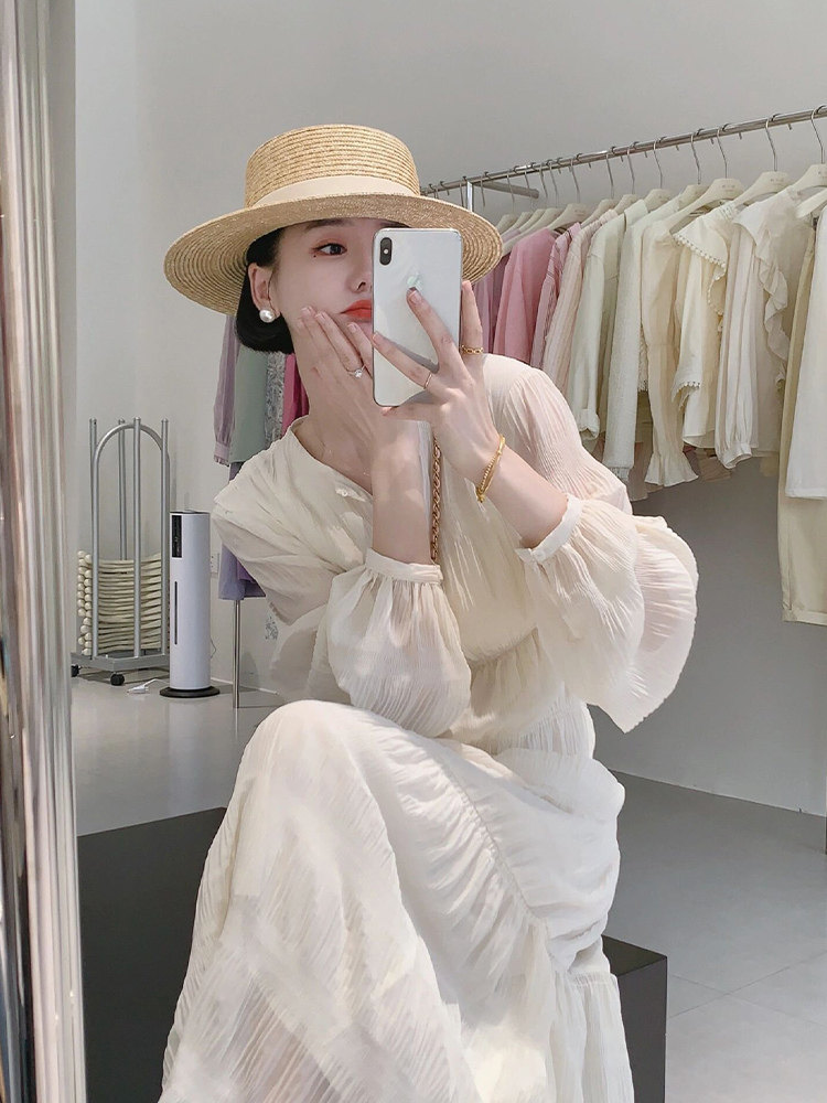 ロングワンピース レース ティアードフリル袖ふんわりロングワンピース