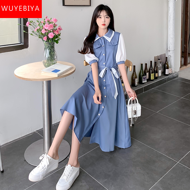 配色切替え襟付きウエストリボンロングワンピース