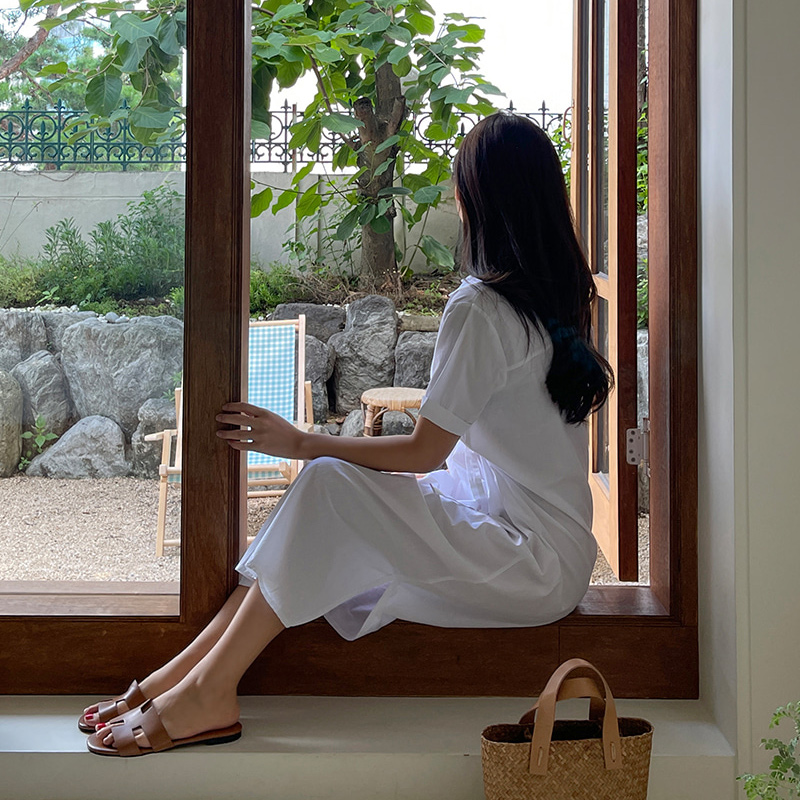 ロングワンピース シャツ 襟付き半袖ウエストリボンロングワンピース