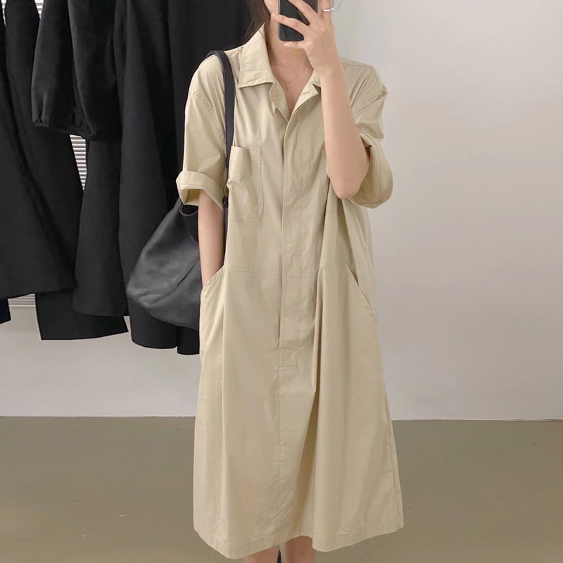 ロングワンピース シャツ 襟付きロールアップ袖ロングシャツワンピース