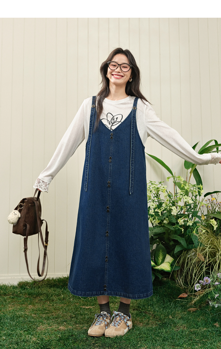 ロングワンピース デニム ゆったり前開きデニムサロペット