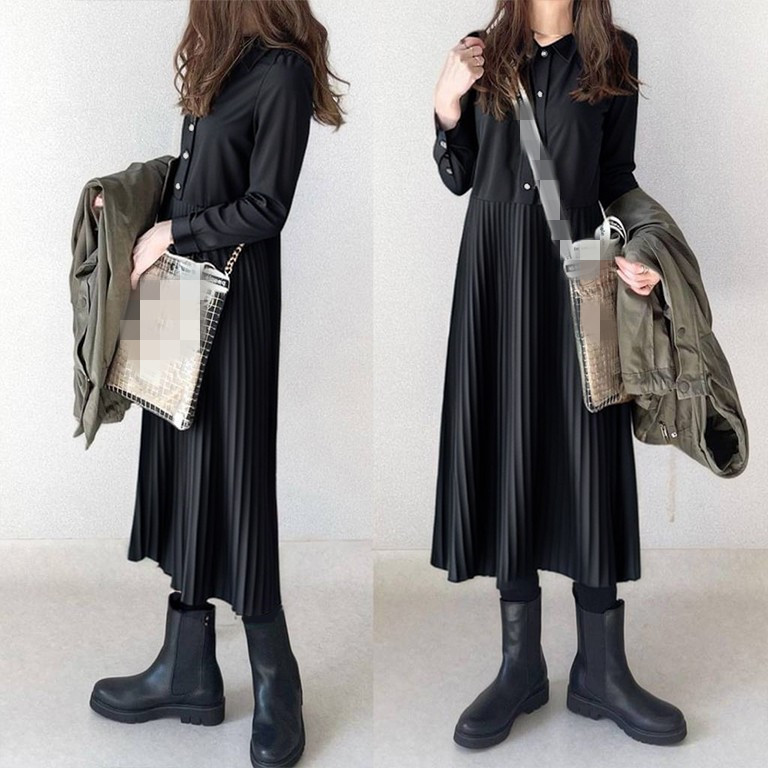 ロングワンピース プリーツシャツワンピース レディース 長袖 ロング丈 秋冬新作