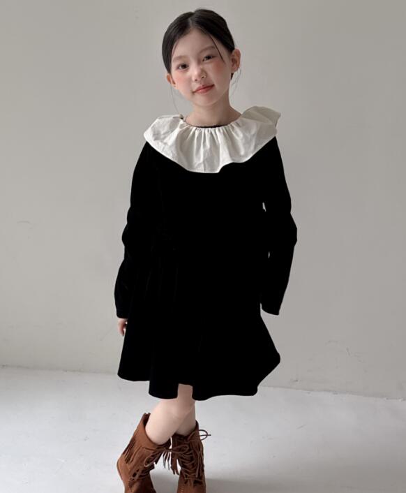 キッズ用白襟付き黒ロングワンピース 100-160センチ