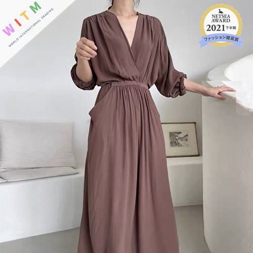 ロングワンピース 秋冬新作 フレア ロング丈ワンピース 深V襟 長袖 体型カバー 韓国風