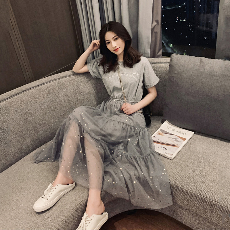 ロングワンピース レース 星空煌めく透け感チュール地ティアード半袖ドレス