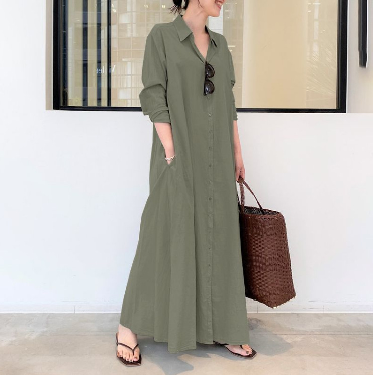 ロングワンピース シャツ 襟付きボタンアップロングシャツワンピース