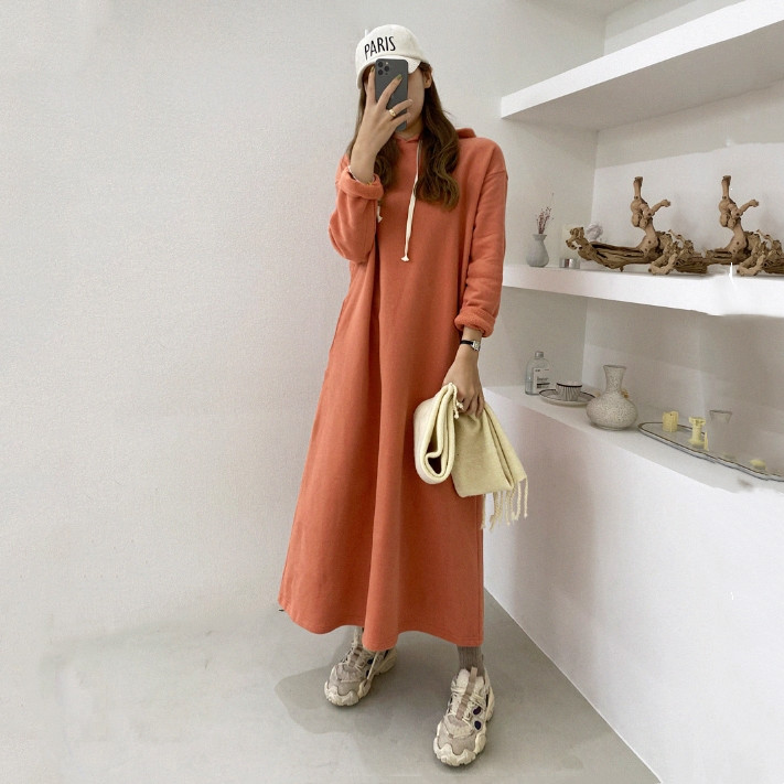 ロングワンピース スウェット ゆったりフーディロングワンピース