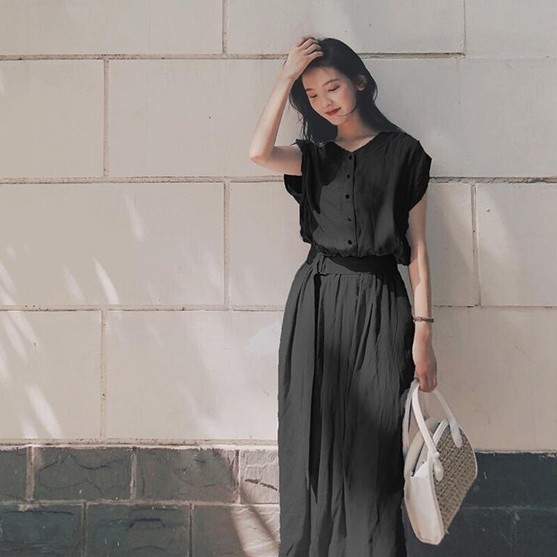 ロングワンピース シャツ ベルト付きフレンチスリーブシャツワンピース