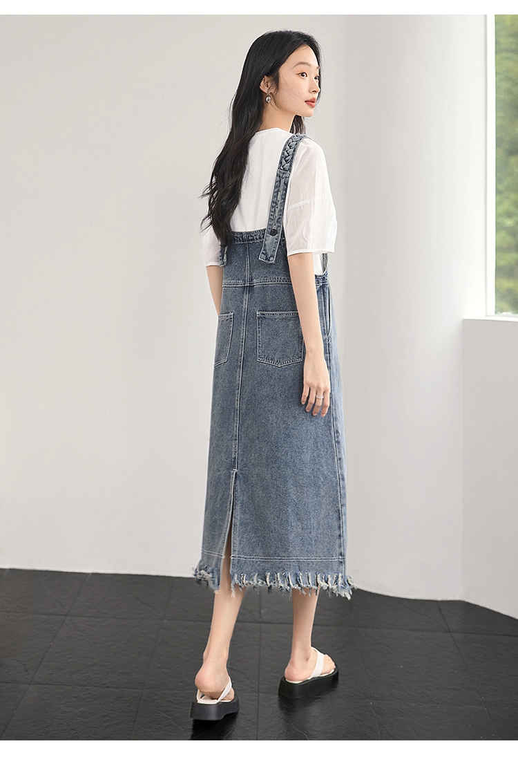 ロングワンピース デニム 裾フリンジデニムジャンパースカート