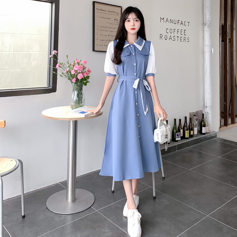 配色切替え襟付きウエストリボンロングワンピース